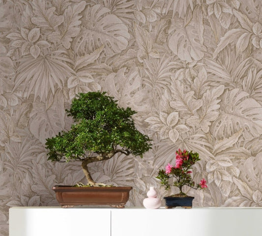 Behang met grote bladeren beige