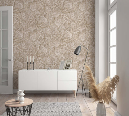 Behang met grote bladeren beige