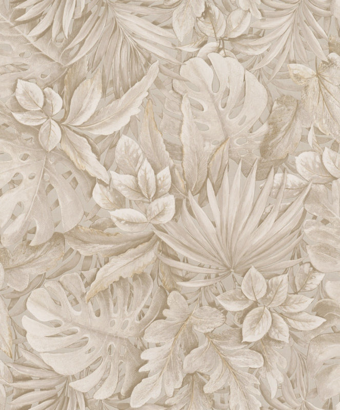 Behang met grote bladeren beige