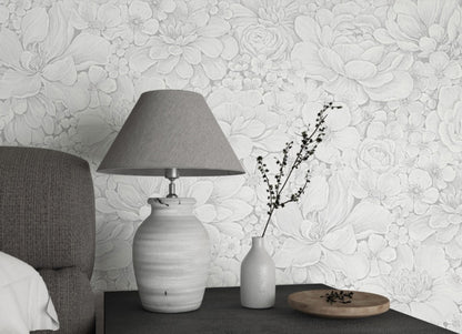 Behang met ton-sur-ton grote bloemenprint grijs wit