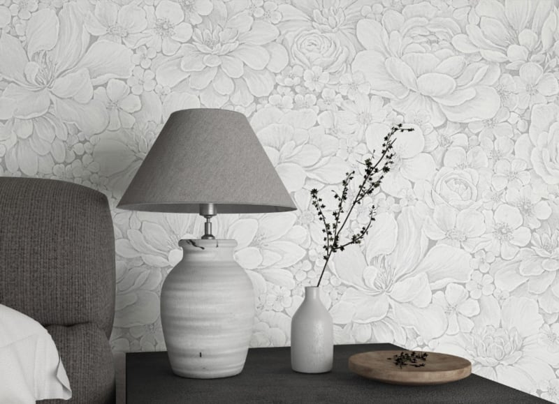 Behang met ton-sur-ton grote bloemenprint grijs wit