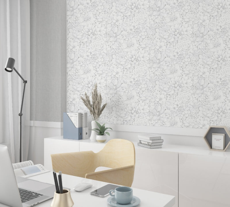 Behang met ton-sur-ton grote bloemenprint grijs wit