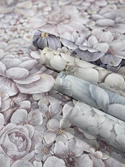 Behang met ton-sur-ton grote bloemenprint grijs wit