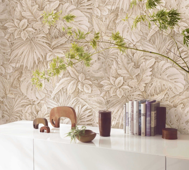 Behang met grote bladeren beige