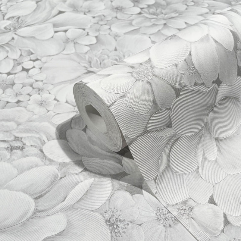 Behang met ton-sur-ton grote bloemenprint grijs wit