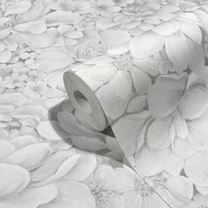 Behang met ton-sur-ton grote bloemenprint grijs wit