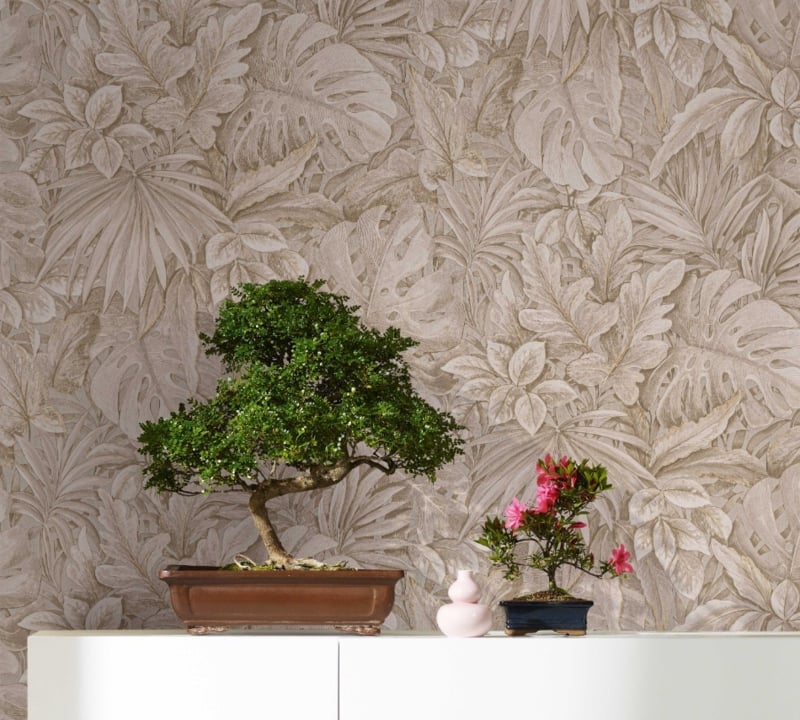 Behang met grote bladeren beige