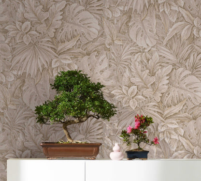 Behang met grote bladeren beige