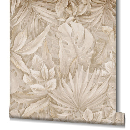 Behang met grote bladeren beige