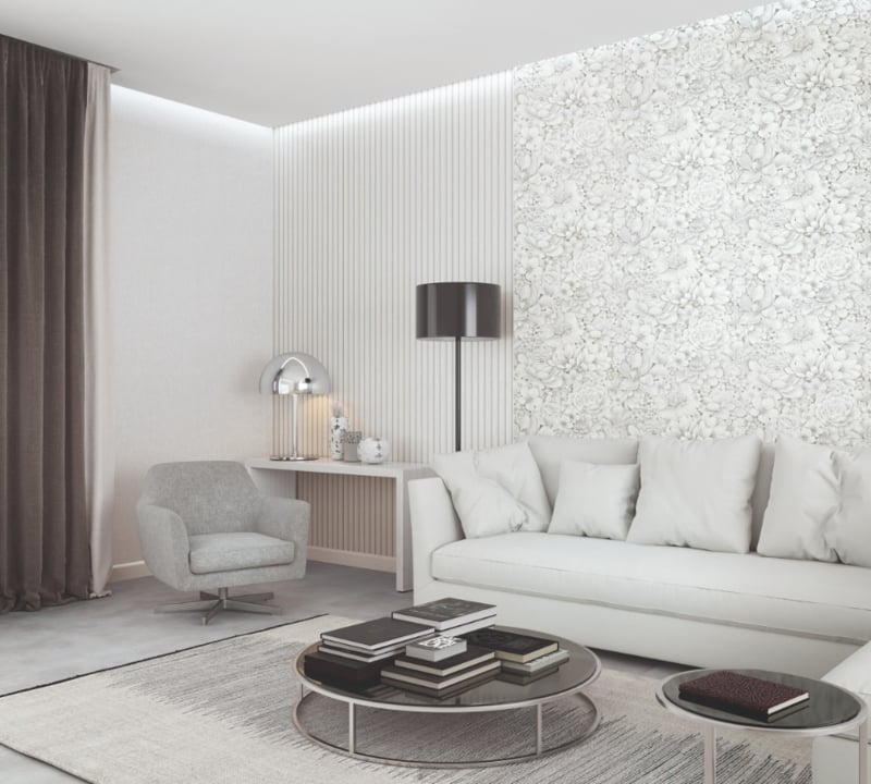 Behang met ton-sur-ton grote bloemenprint grijs wit