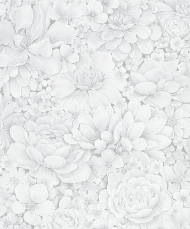 Behang met ton-sur-ton grote bloemenprint grijs wit