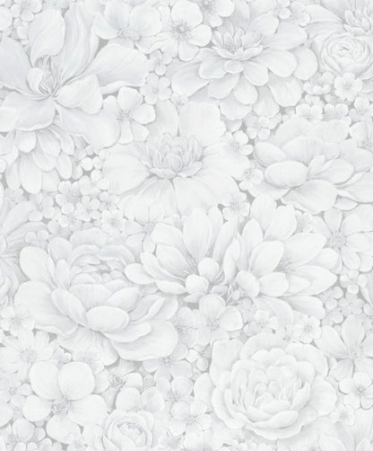 Behang met ton-sur-ton grote bloemenprint grijs wit