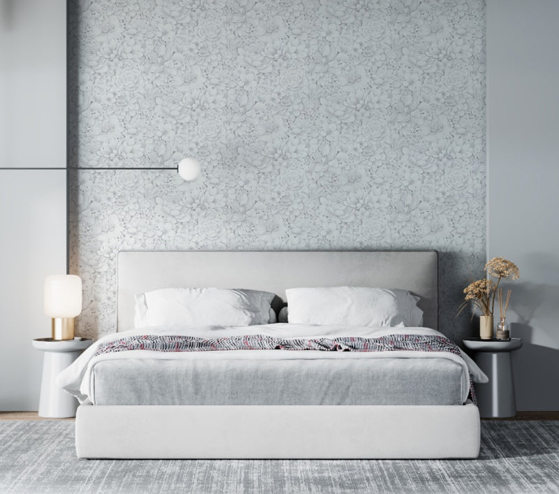 Behang met ton-sur-ton grote bloemenprint grijs wit