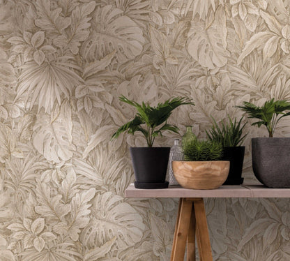 Behang met grote bladeren beige